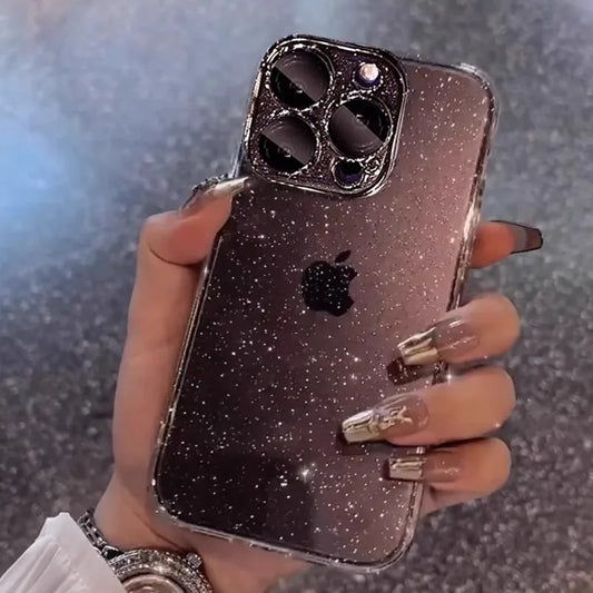 Capa Luxuosa Transparente com Revestimento de Brilho e Glitter para iPhone